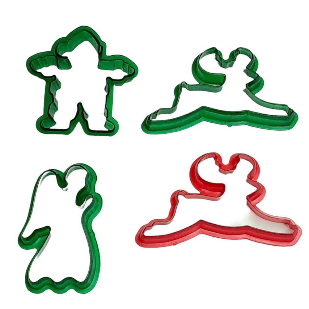 Vintage Plastic Christmas Cookie Cutters Red Green 4 pc Elf Reindeer Angel Set